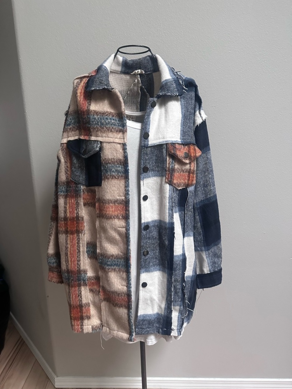 POL Plaid Button-Down Shacket in Navy, Tan, Rust & White